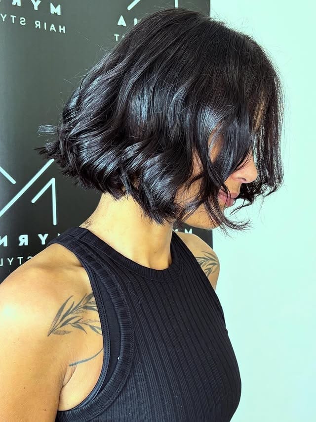 15. Glossy Blue-Black French Bob with Sculpted Waves - French Bob Hair