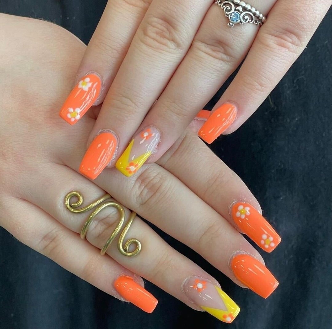 3. Floral Accent Square Nails in Neon Orange and Yellow - bright orange nail ideas