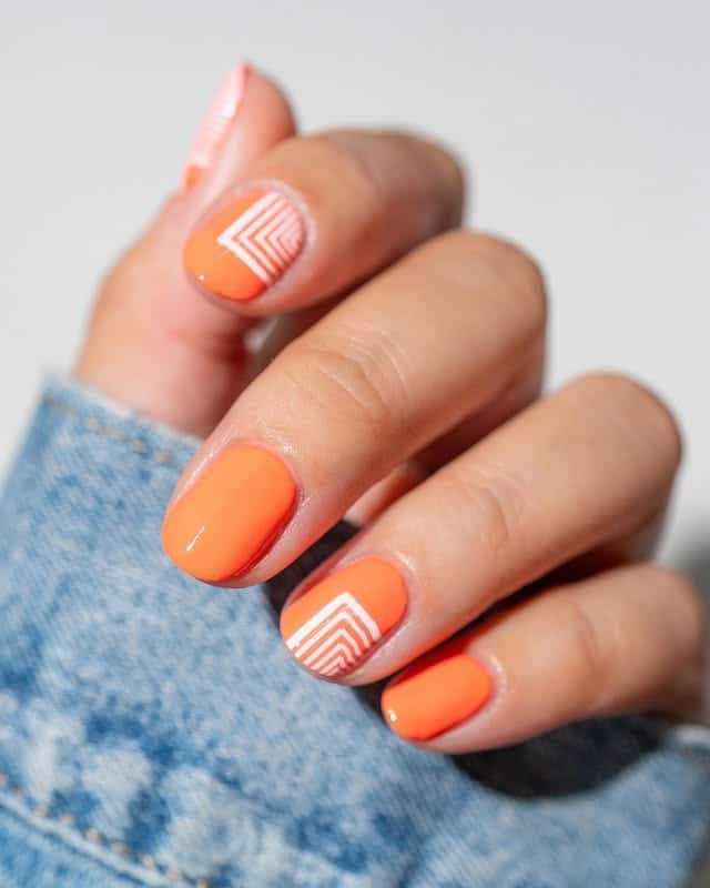 17. Short Square Nails in Peachy Bright Orange with Geometric Detail - bright orange nail ideas