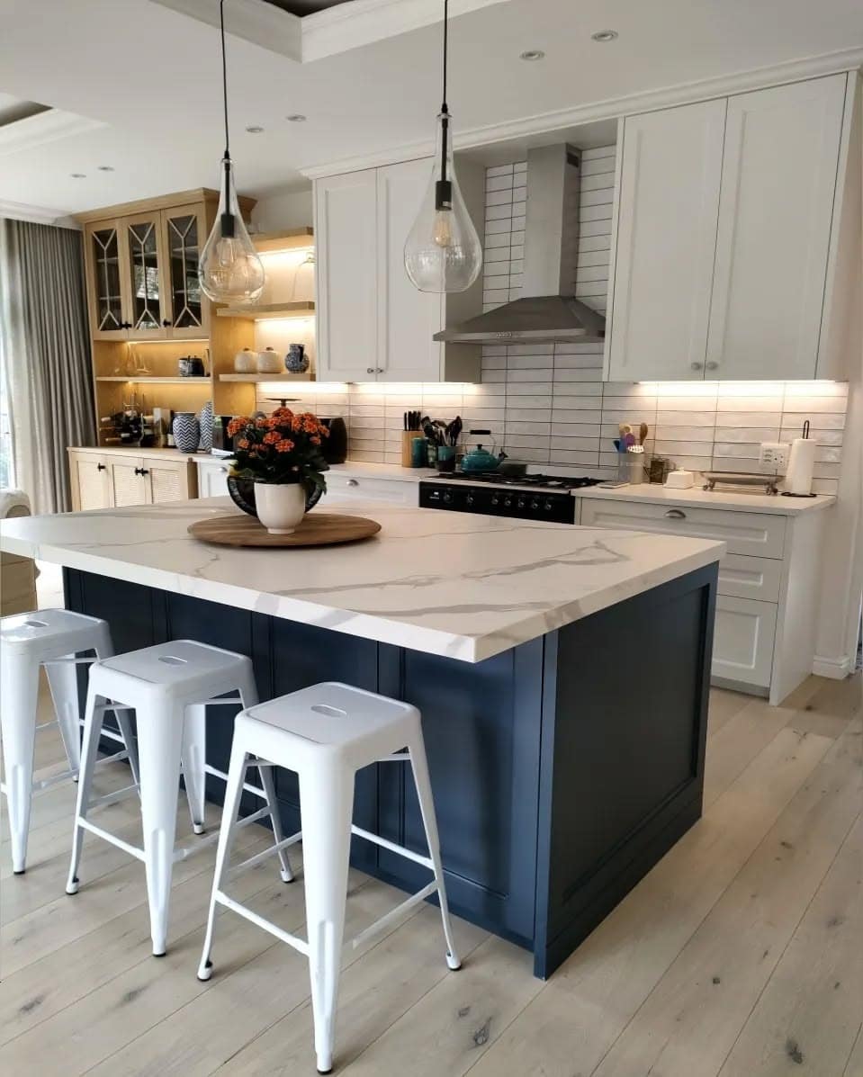 4. Navy Island Kitchen with White Perimeter Cabinets - classic kitchen ideas