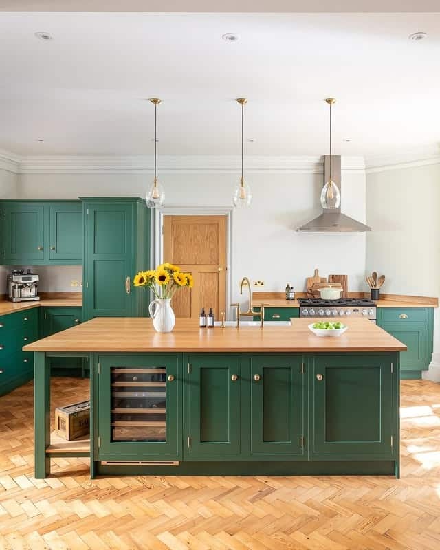 8. Forest Green Shaker Kitchen with Natural Wood Countertops - classic kitchen ideas