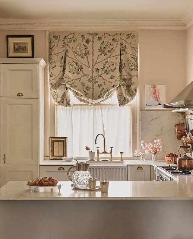12. Cream Kitchen with Traditional Floral Roman Shade - classic kitchen ideas