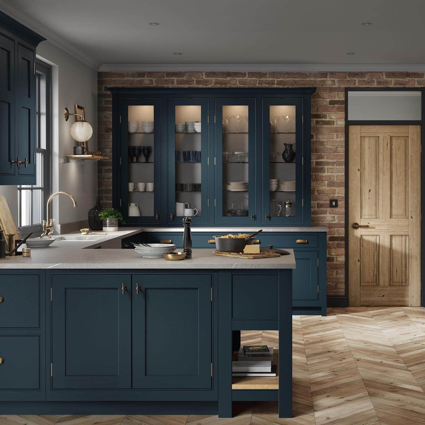 13. Navy Blue Shaker Kitchen with Exposed Brick Wall - classic kitchen ideas