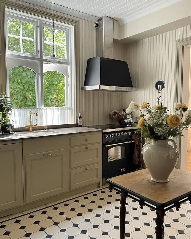 14. Scandinavian-Inspired Taupe Kitchen with Beadboard Walls - classic kitchen ideas