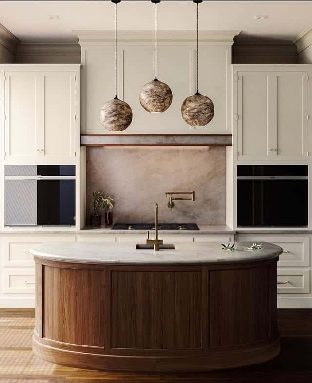 17. Elegant Walnut Island Kitchen with Sculptural Pendant Lights - classic kitchen ideas