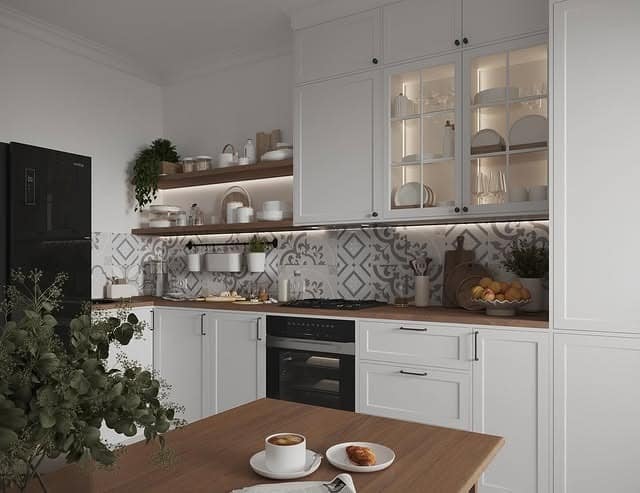 19. Modern Classic White Kitchen with Patterned Tile Backsplash - classic kitchen ideas