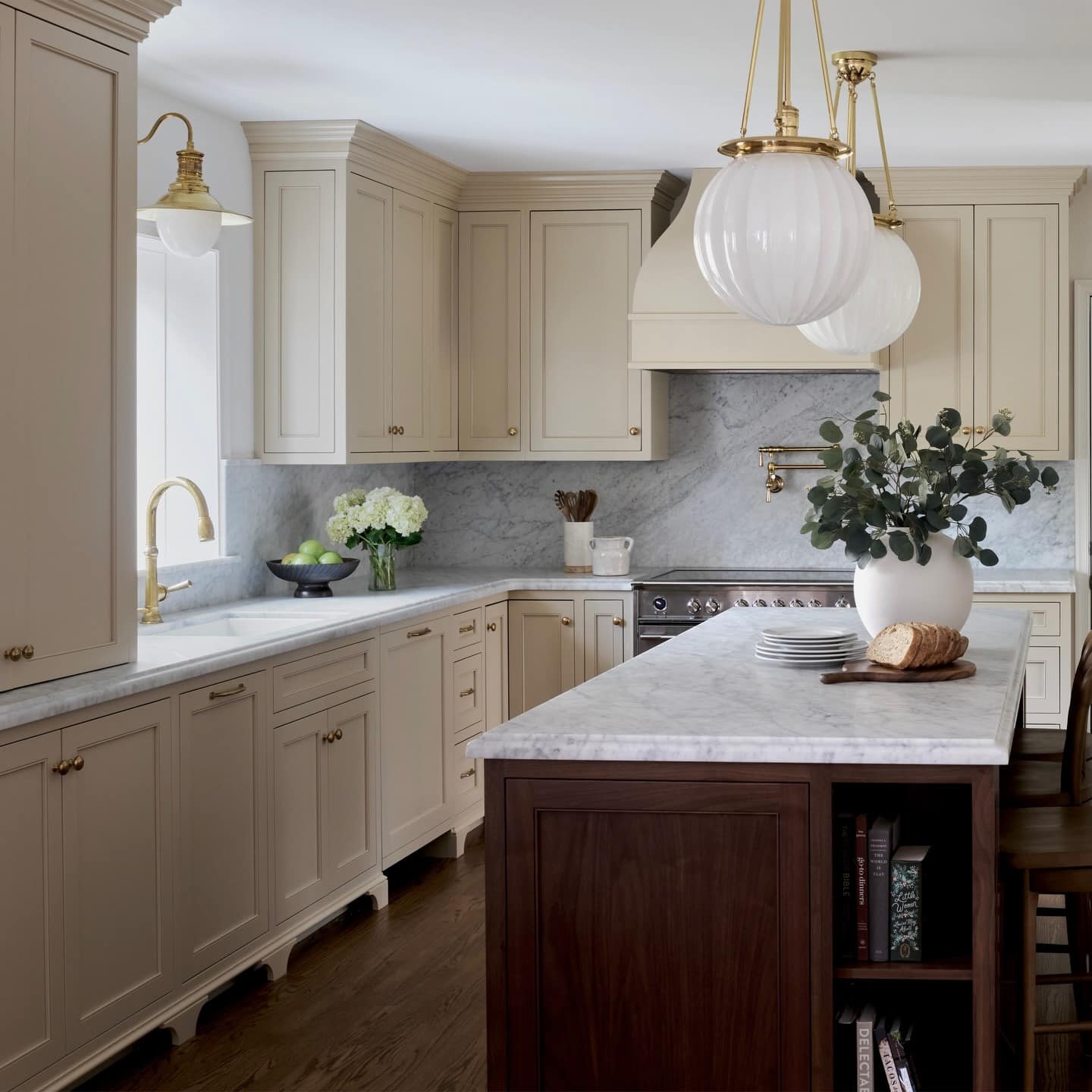 21. Classic Beige Kitchen with Walnut Island and Marble Surfaces - classic kitchen ideas
