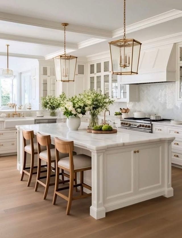 22. Bright White Traditional Kitchen with Brass Lantern Pendants - classic kitchen ideas