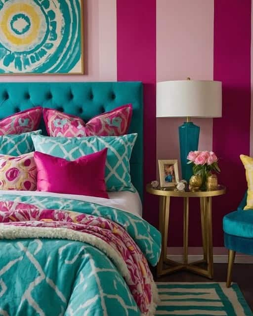 1. Bold Turquoise and Fuchsia Statement Bedroom - turquoise bedroom ideas