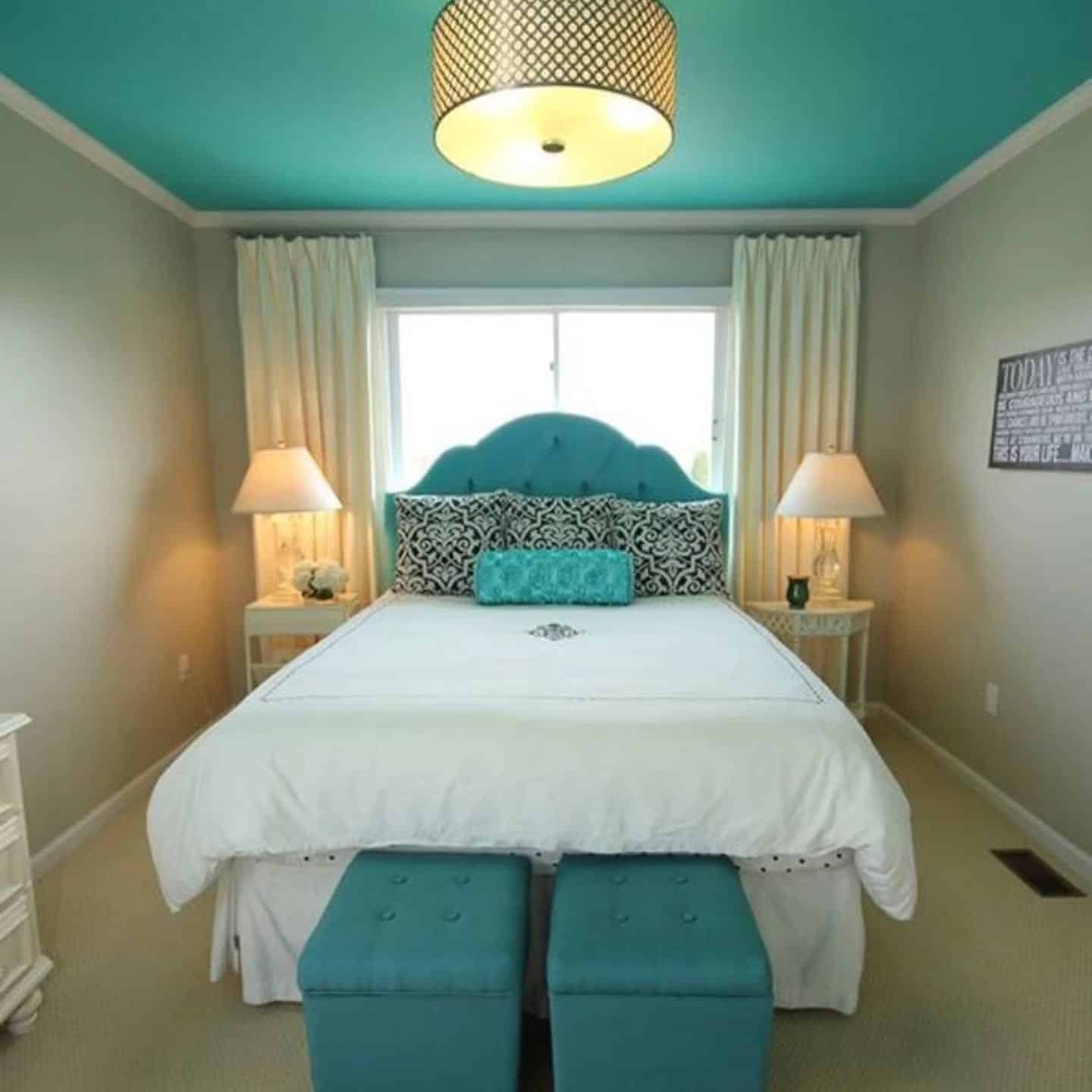 2. Soft Turquoise Ceiling with Classic Neutral Layers - turquoise bedroom ideas