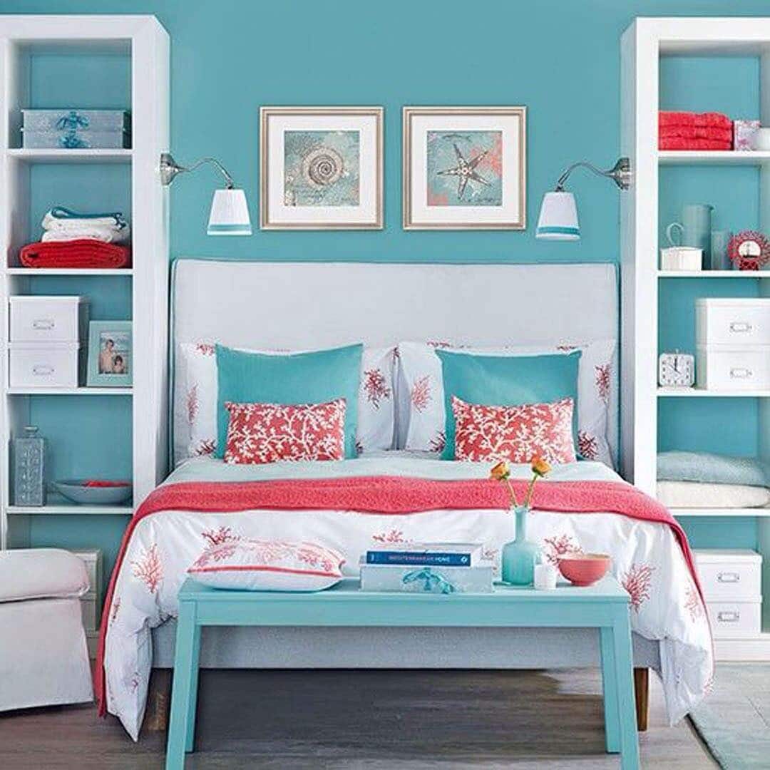 6. Coastal Turquoise and Coral Harmony - turquoise bedroom ideas