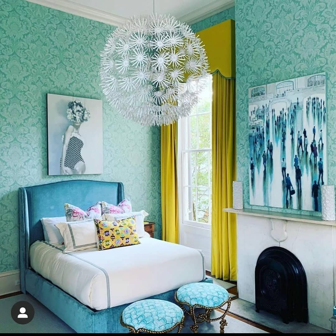 9. Turquoise Wallpaper with Mustard Drapery - turquoise bedroom ideas