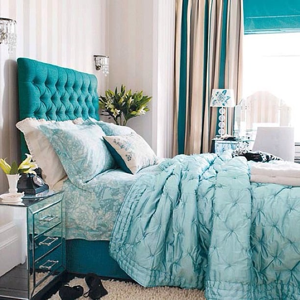 11. Glam Tufted Turquoise with Mirrored Accents - turquoise bedroom ideas