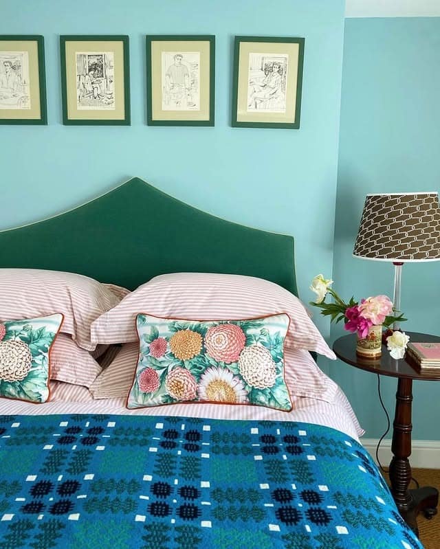 15. Turquoise Walls with Botanical and Blush Layers - turquoise bedroom ideas