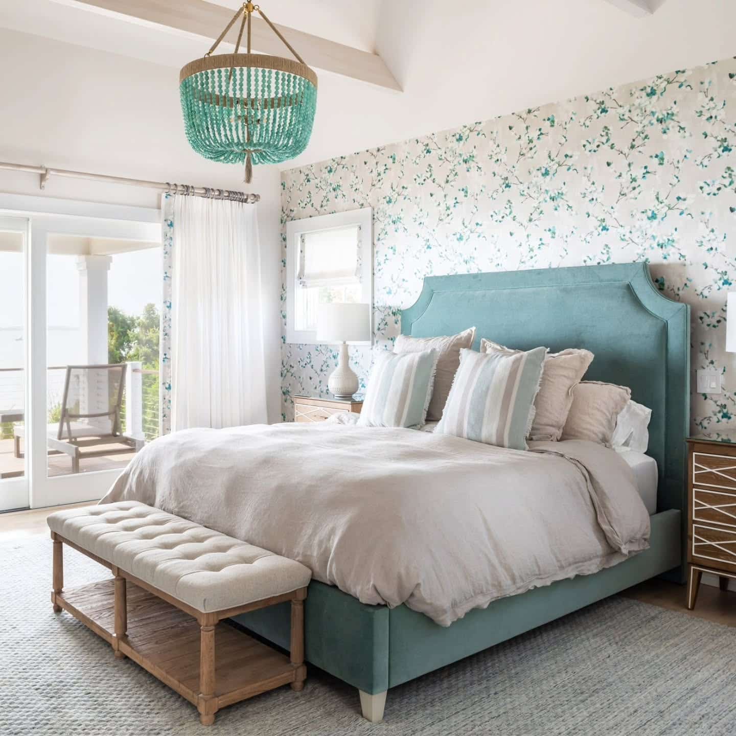 20. Coastal Turquoise with Floral Wallpaper - turquoise bedroom ideas