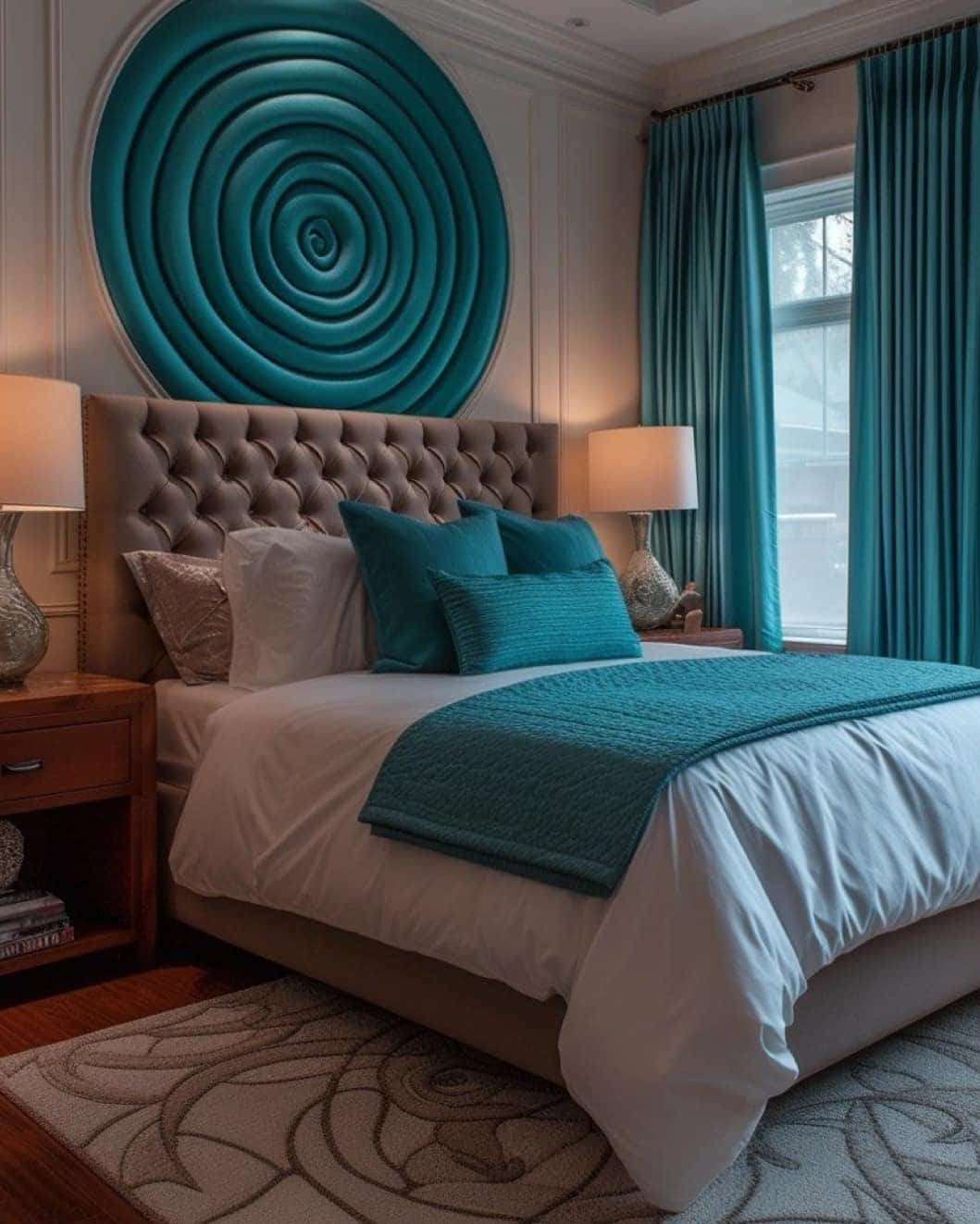21. Sculptural Teal Wall Art with Tailored Neutrals - turquoise bedroom ideas