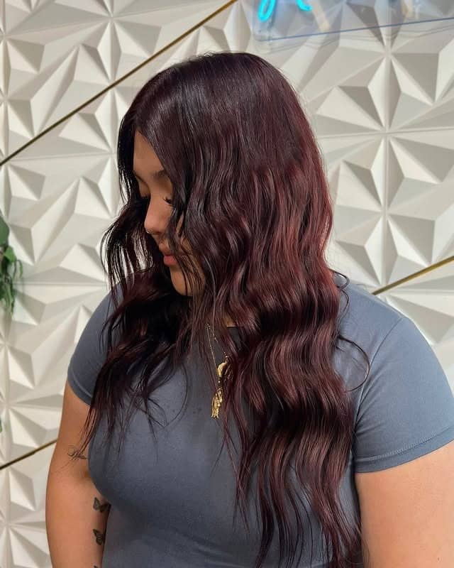 9. Rich Wine Burgundy with Soft Waves - Dark Burgundy Hair Color