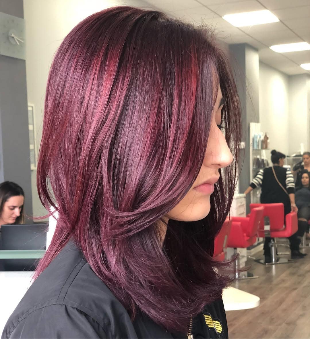 21. Layered Shoulder-Length Cut in Vibrant Plum Burgundy - Dark Burgundy Hair Color