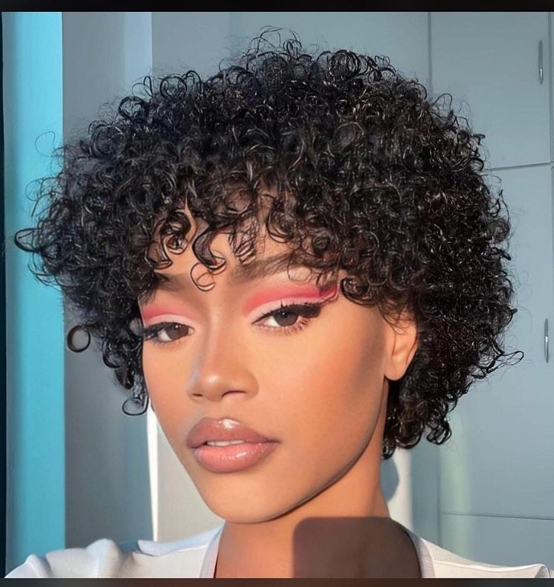 6. Curly Pixie with Micro Fringe in Jet Black - Short Curly Hairstyles