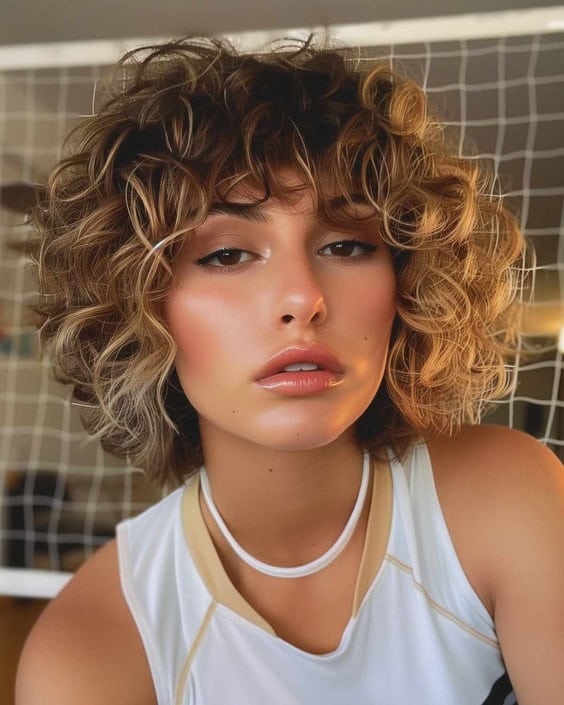 14. Curly Shag Bob with Caramel Balayage - Short Curly Hairstyles