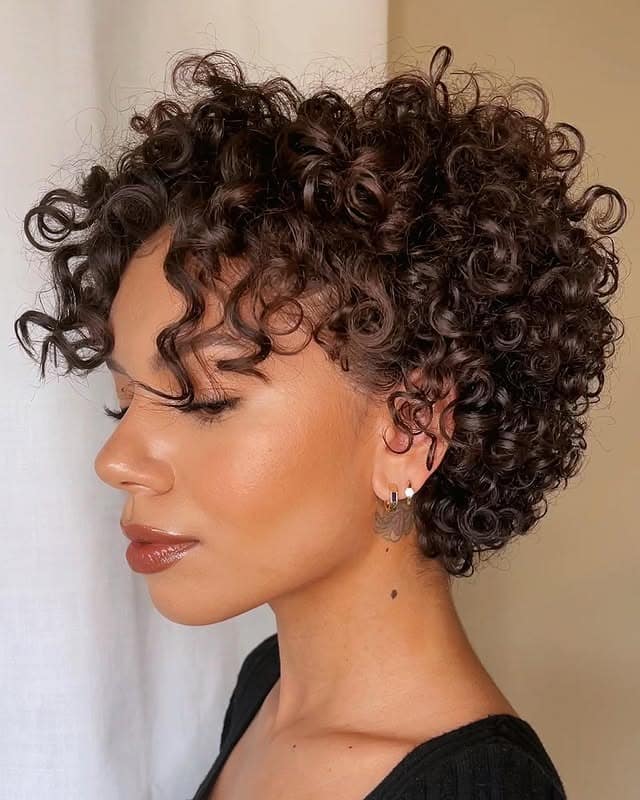 20. Short Curly Pixie in Glossy Deep Brunette - Short Curly Hairstyles