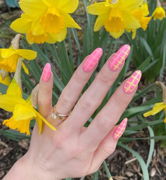 5. Pink and Yellow Plaid Almond Nails - bright spring nail ideas