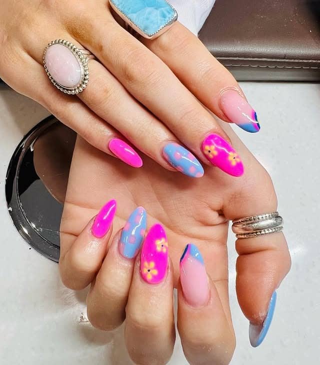 6. Electric Pink and Blue Floral Blend - bright spring nail ideas