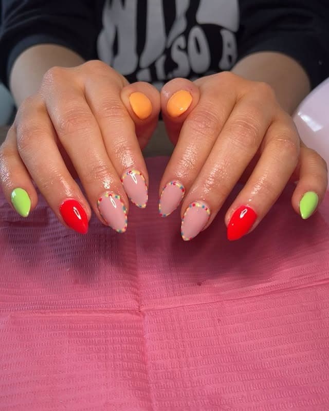 8. Rainbow Dot French Almond - bright spring nail ideas