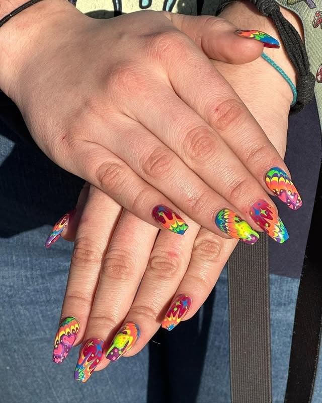 9. Psychedelic Rainbow Swirl Stilettos - bright spring nail ideas