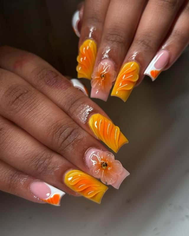 14. Citrus Ombre 3D Floral Square Nails - bright spring nail ideas