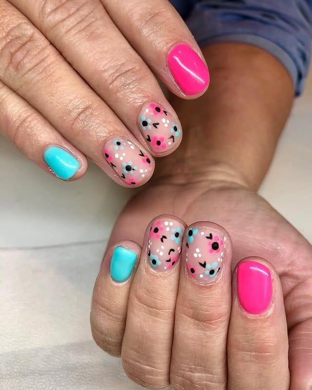 15. Short Confetti Pop in Pink and Turquoise - bright spring nail ideas