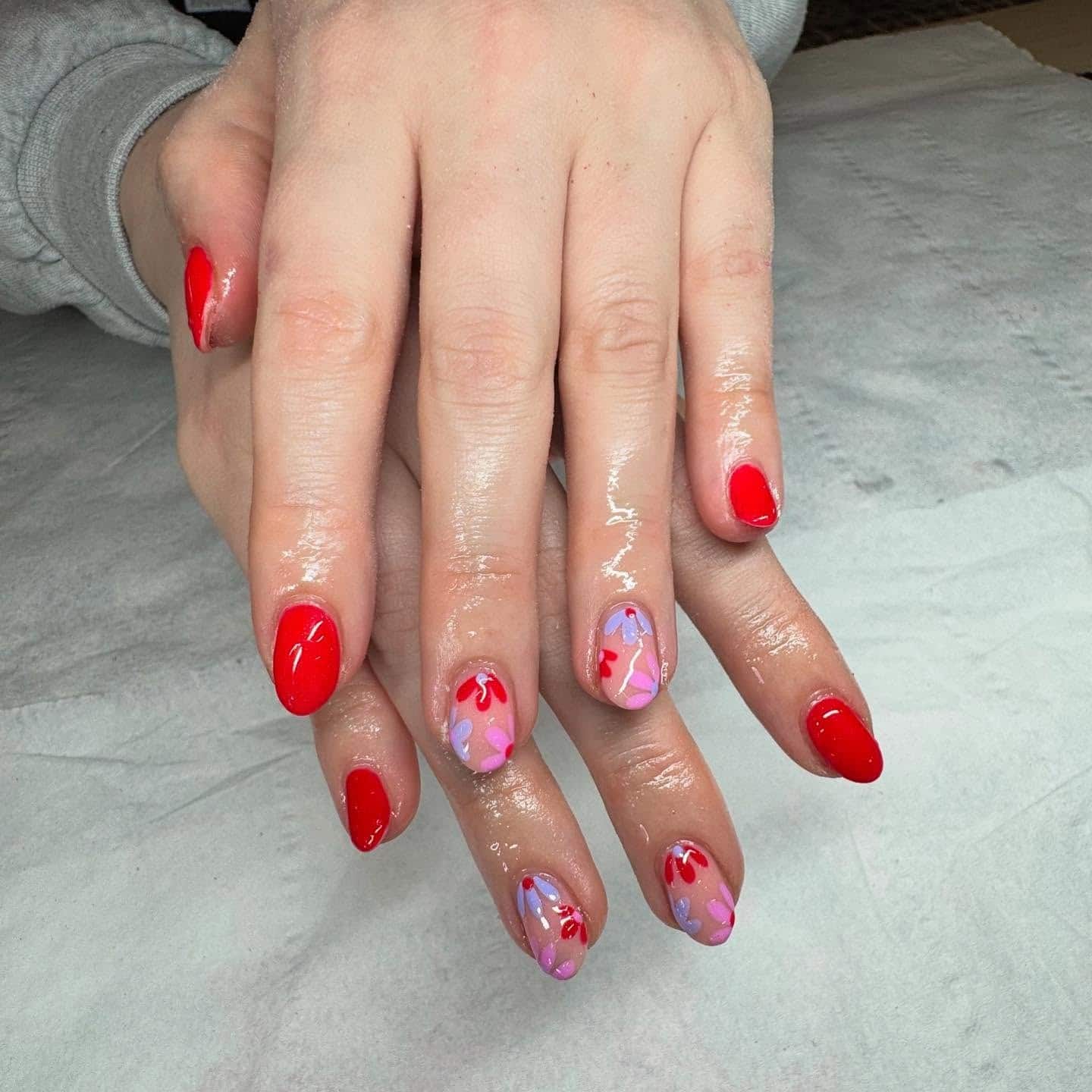 16. Cherry Red Almond with Pastel Floral Accent - bright spring nail ideas