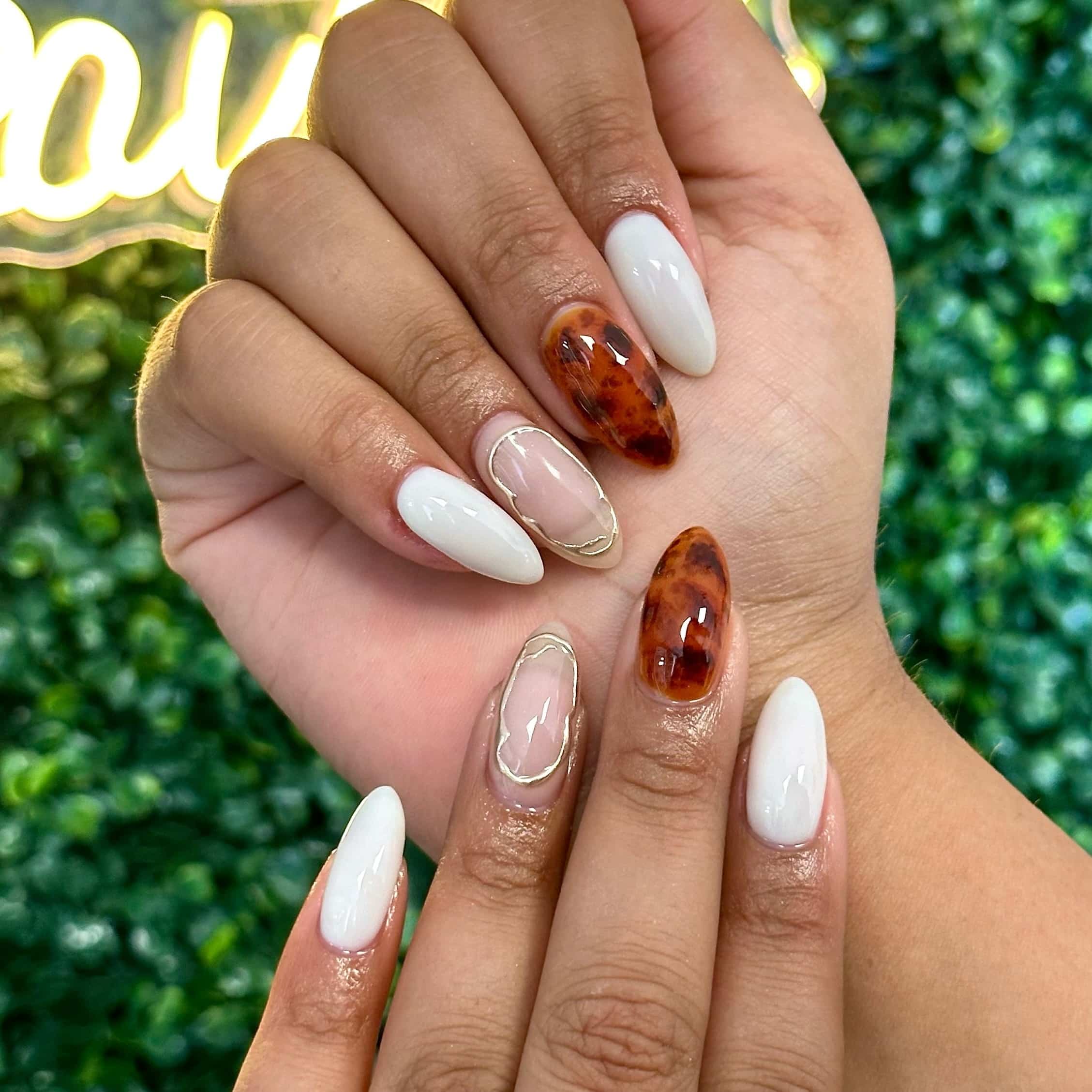 18. Milky White and Tortoiseshell Almond Set - bright spring nail ideas