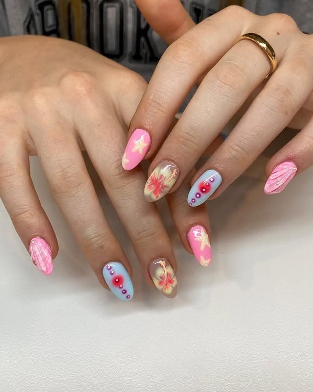 19. Soft Pink and Baby Blue Floral Almond - bright spring nail ideas