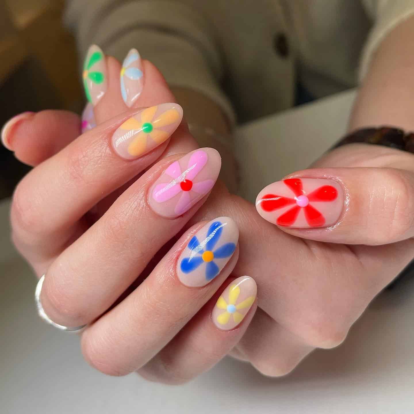 22. Retro Pop Art Floral Almond in Multicolor - bright spring nail ideas