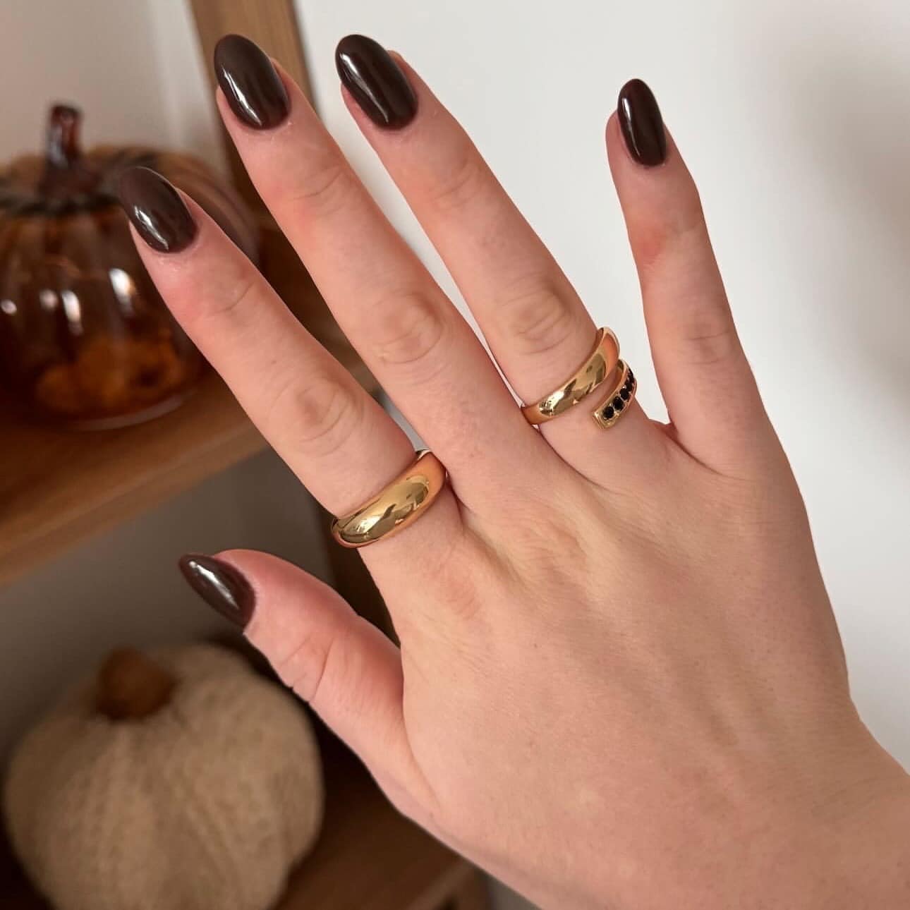 1. Glossy Dark Chocolate Almond Nails - brown almond nail ideas