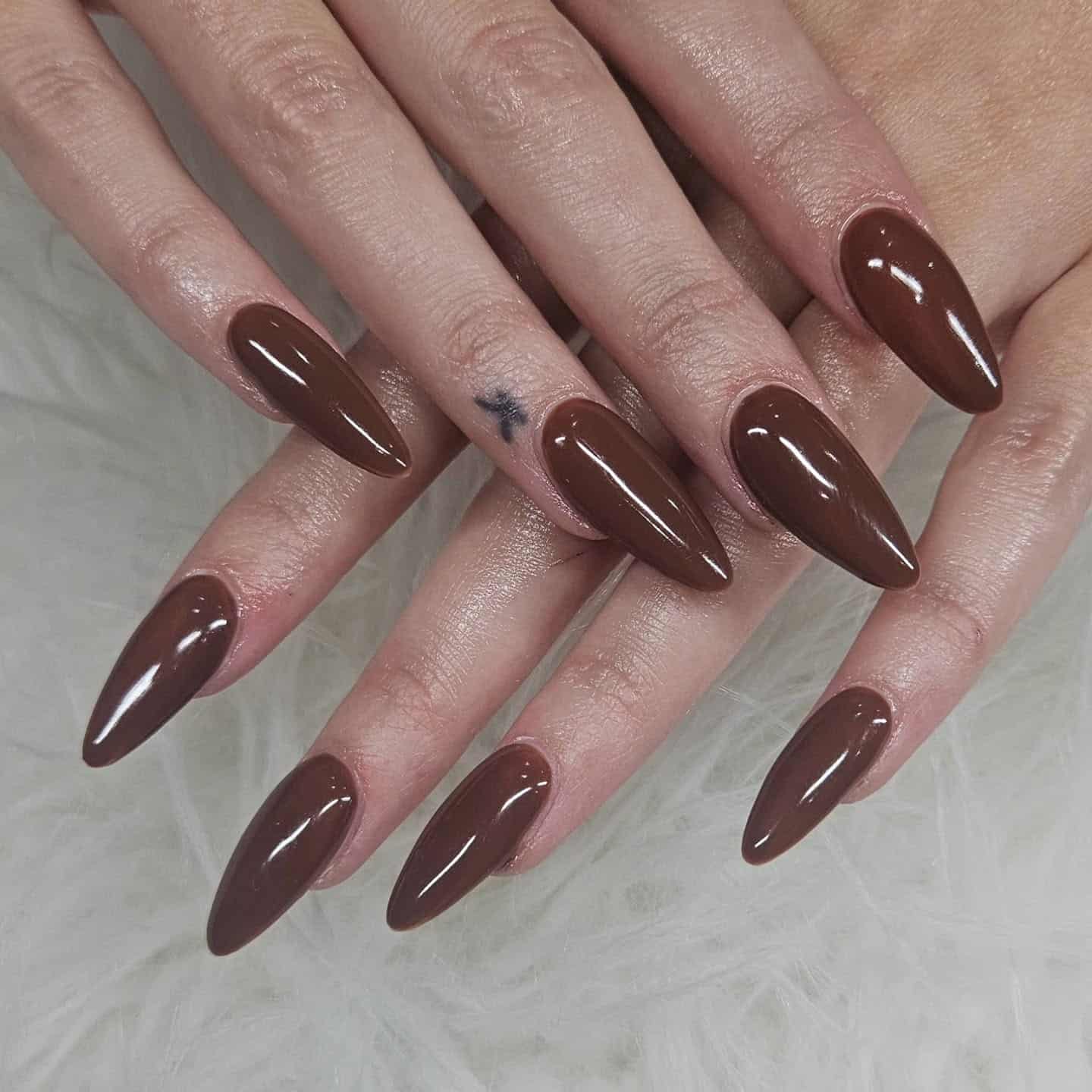 9. Milk Chocolate Long Almond Nails - brown almond nail ideas