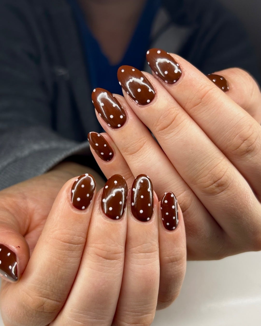 11. Chocolate Almond Nails with White Polka Dot Art - brown almond nail ideas