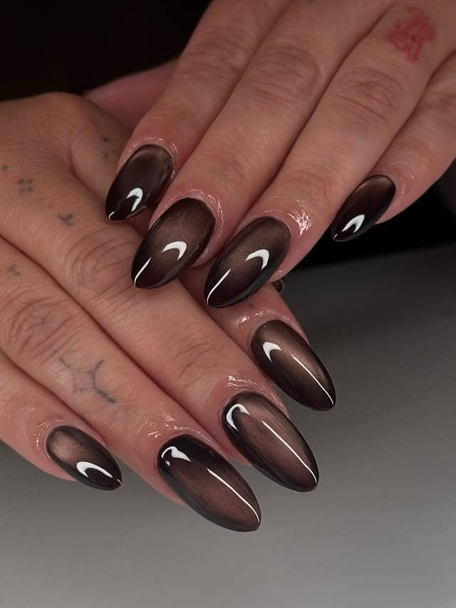 15. Smoky Brown Ombre Almond Nails - brown almond nail ideas