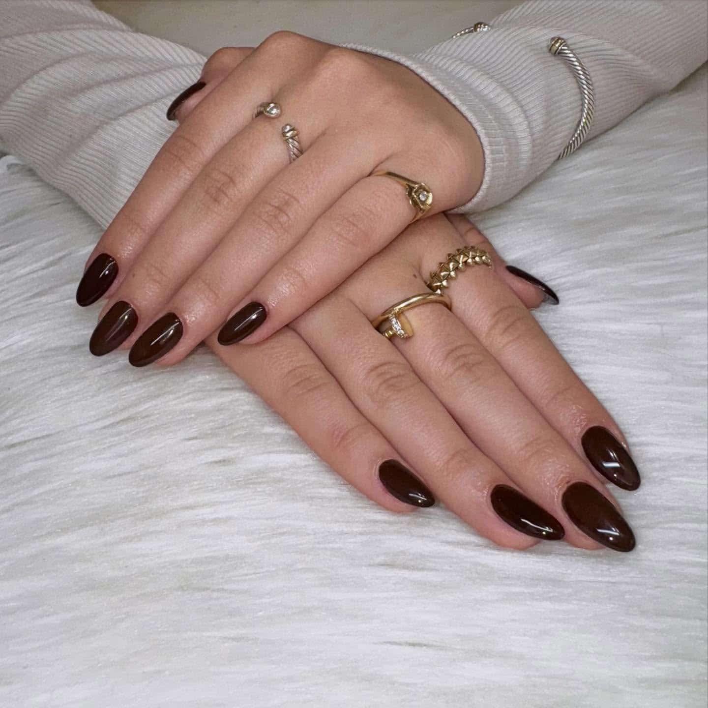 16. Dark Chocolate Short Almond Nails - brown almond nail ideas