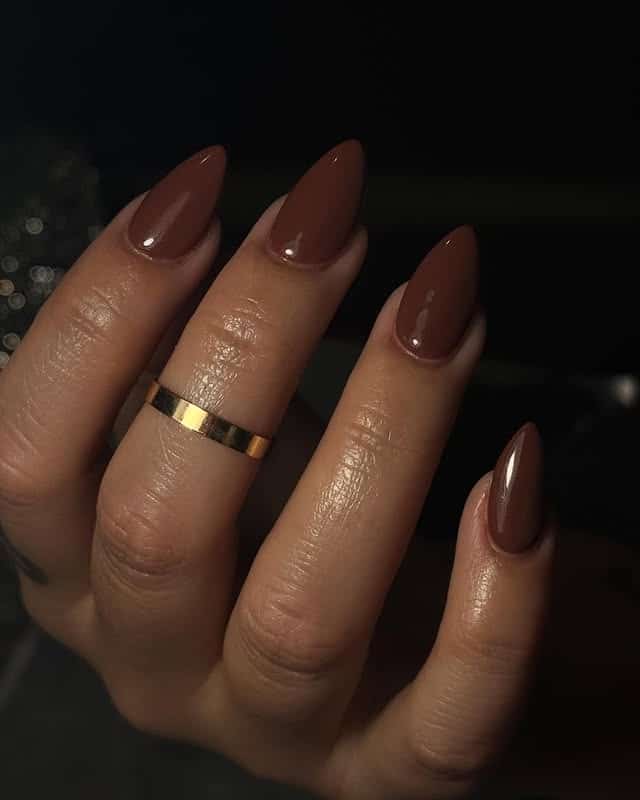 17. Cinnamon Brown Sculpted Almond Nails - brown almond nail ideas