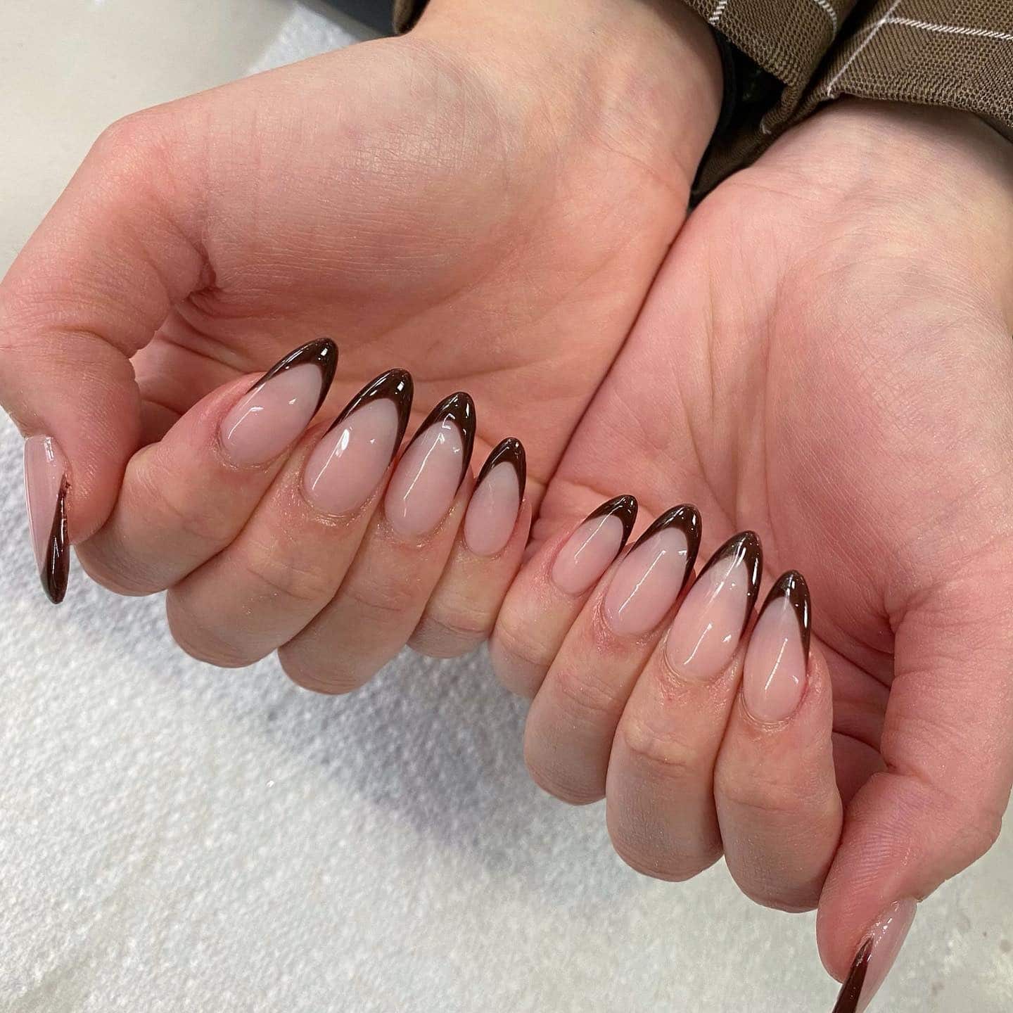 19. Brown French Almond Nails with Nude Base - brown almond nail ideas