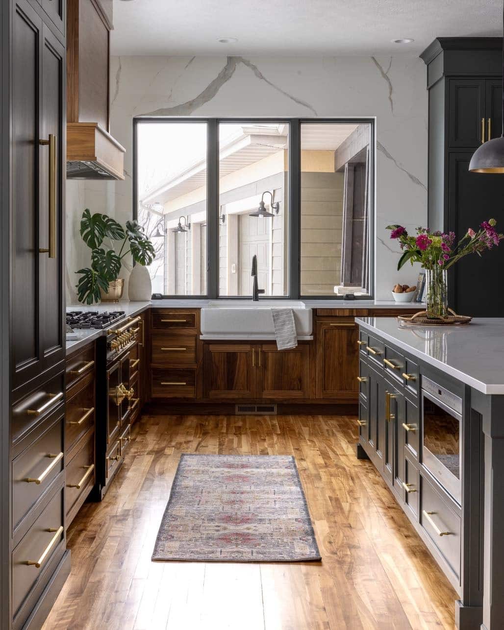 3. Walnut and Slate Blue Kitchen with Brass Detailing - unique kitchen ideas