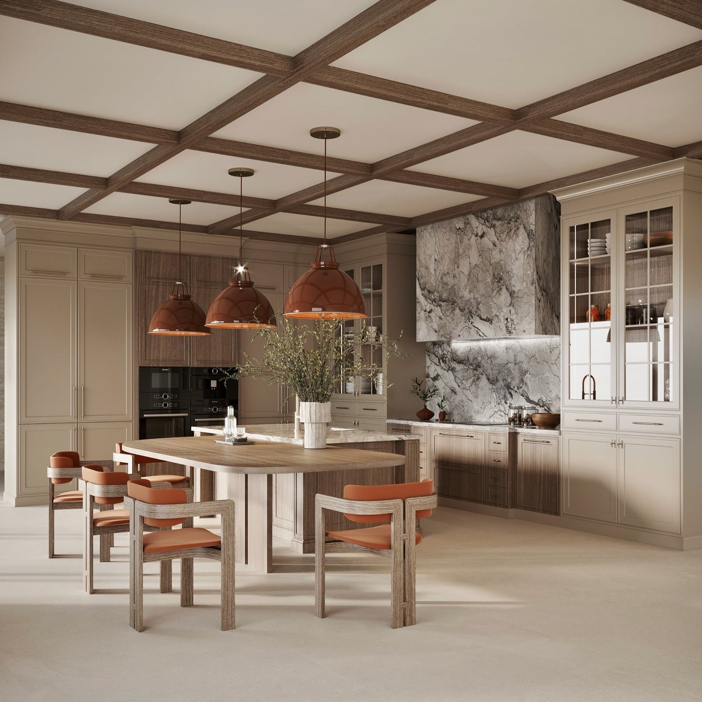 4. Classic Cream Kitchen with Statement Marble Feature Wall - unique kitchen ideas