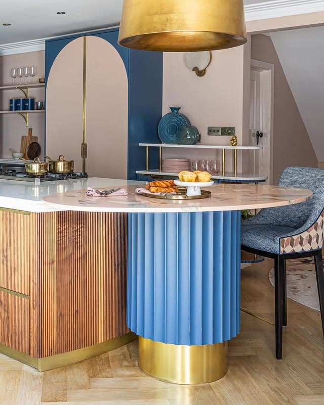 7. Sculptural Blue and Wood Fluted Island Design - unique kitchen ideas