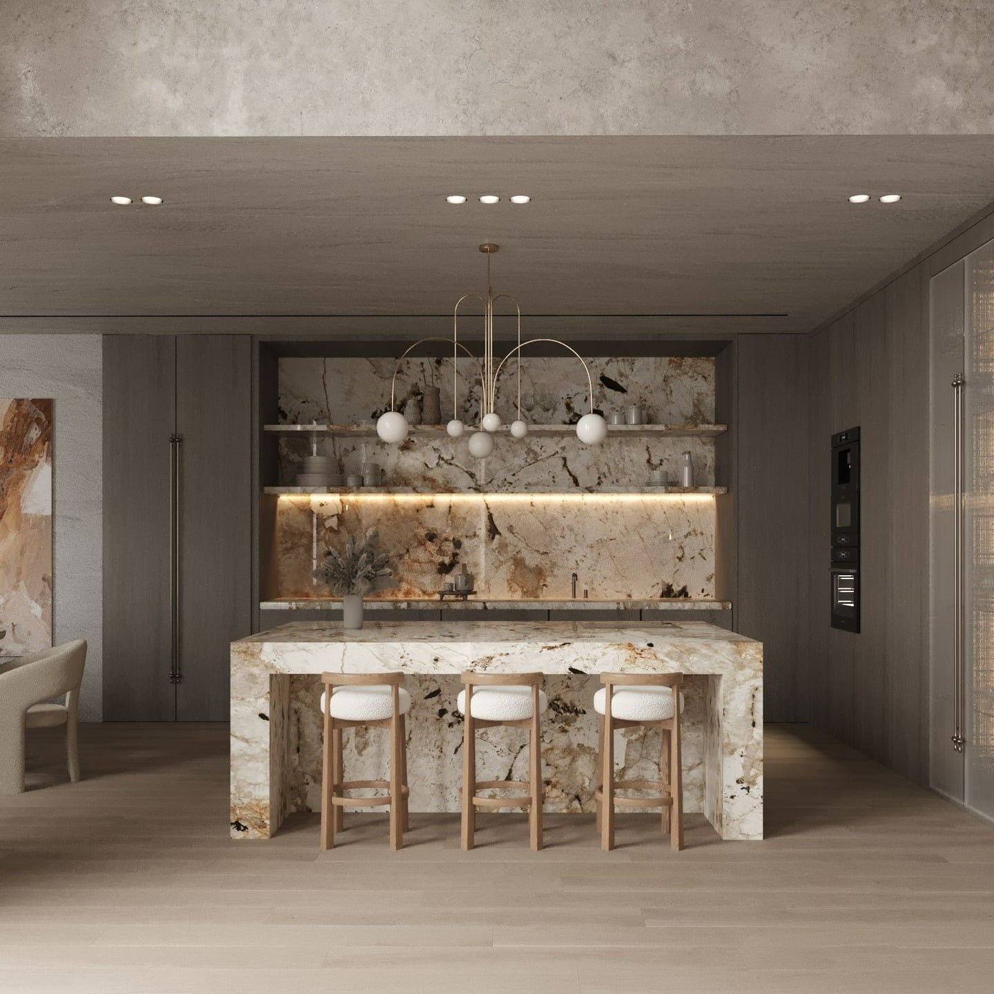 10. Monolithic Marble Kitchen with Warm Wood Backdrop - unique kitchen ideas