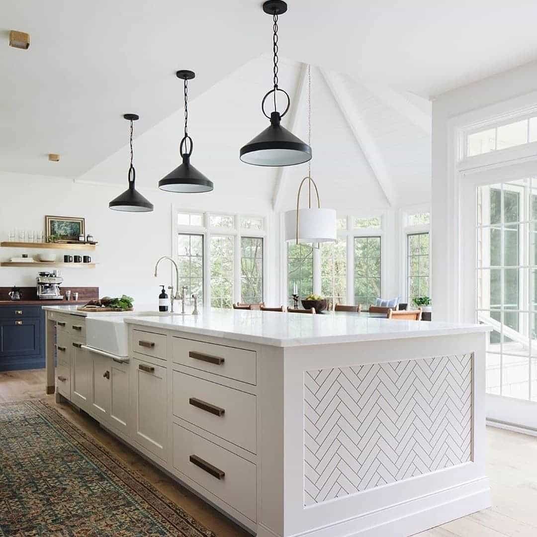 11. Bright White Farmhouse Kitchen with Navy Accent - unique kitchen ideas