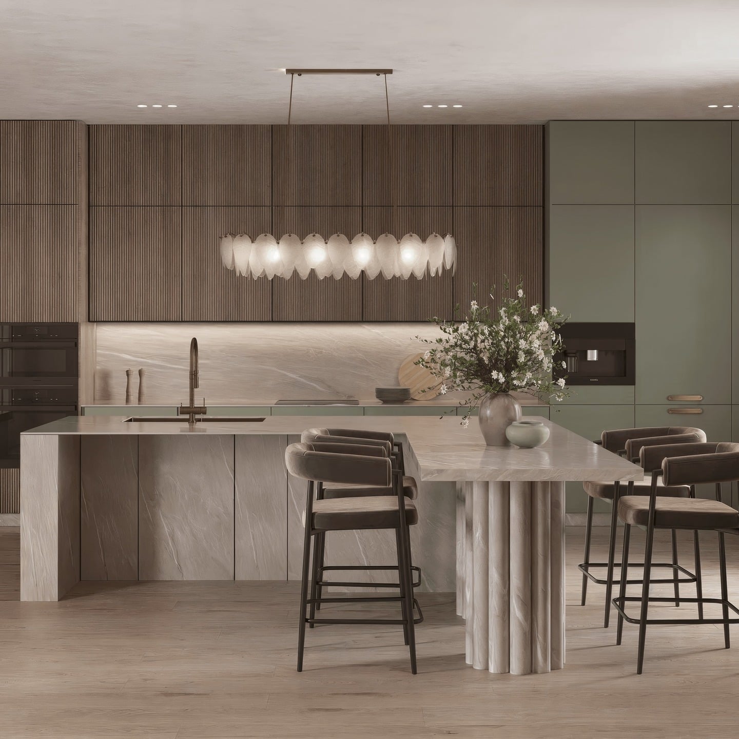 14. Sage Green and Walnut Fluted Panel Kitchen - unique kitchen ideas