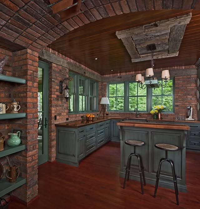 18. Exposed Brick and Forest Green Industrial Kitchen - unique kitchen ideas