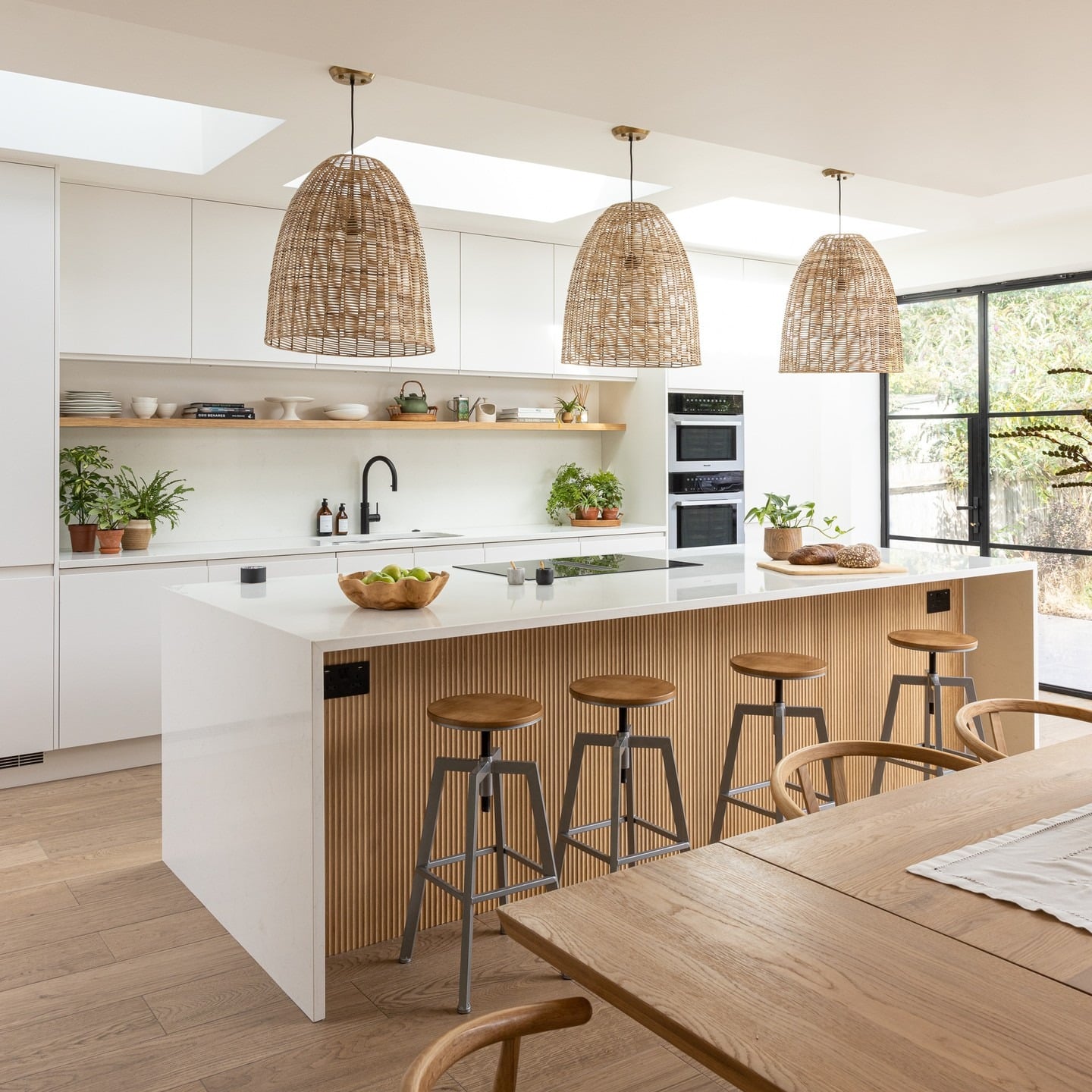 19. Scandinavian White and Oak Kitchen with Rattan Pendants - unique kitchen ideas